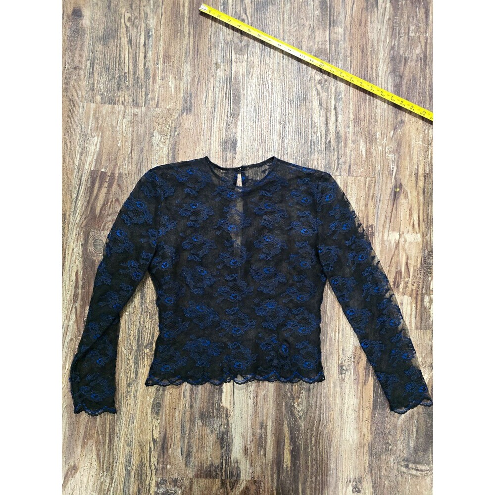 Women's Sheer Lace Blouse Black Blue Floral Long Sleeve Button Round Neck S